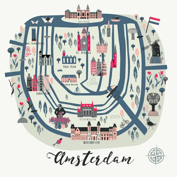 Kreslená Mapa Amsterdamu Ikonami Legendy — Stockový vektor