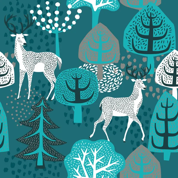 Winter Forest Seamless Pattern Deer Trees — Stock Vector