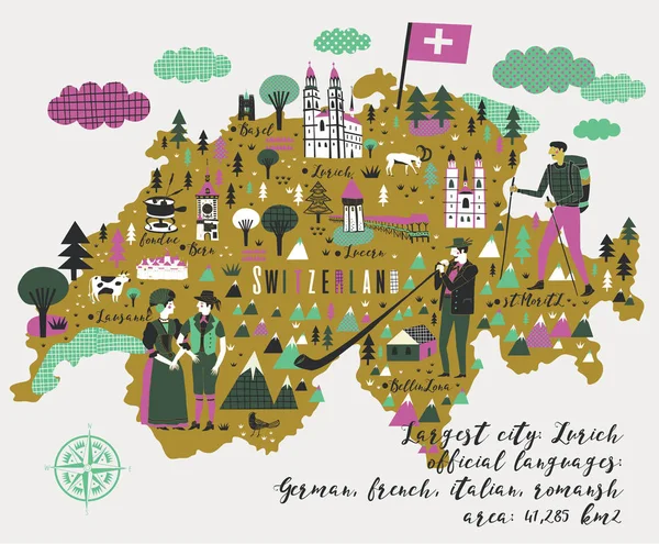 Mapa Dibujos Animados Suiza Con Iconos Leyenda — Vector de stock