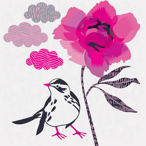 Mignon Oiseau Fleur Pivoine Conception Impression Illustration De Stock