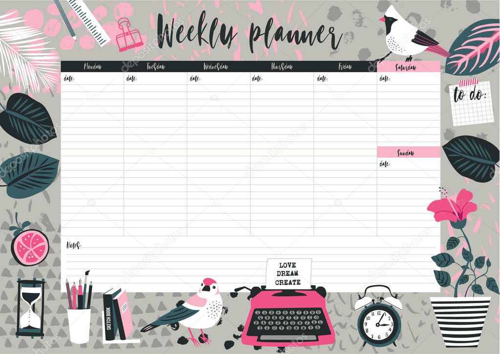 Weekly planner template. Stationery organizer for daily plans. Vector illustration. Print Design