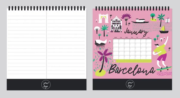 Hermoso Organizador Plantillas Calendario Programa Con Lugar Para Notas Ilustración — Archivo Imágenes Vectoriales