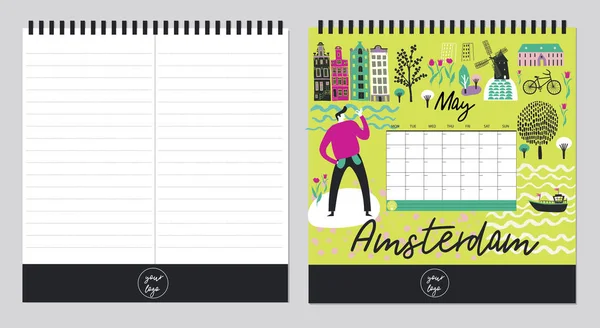 Schöne Kalendervorlage Organizer Und Zeitplan Mit Platz Für Notizen Vektorillustration — Stockvektor