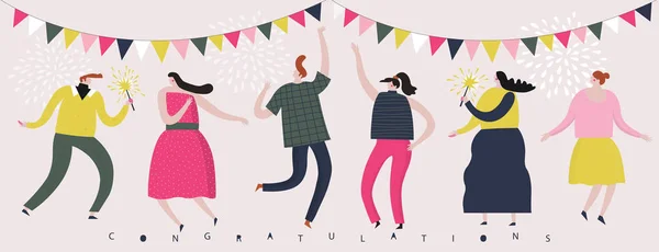 Congratulations Print Design Group Happy Joyful People Celebrating Holiday Event — Stock vektor