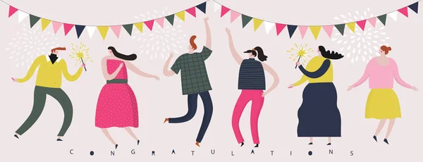 Congratulations Print Design Group Happy Joyful People Celebrating Holiday Event Vector Graphics