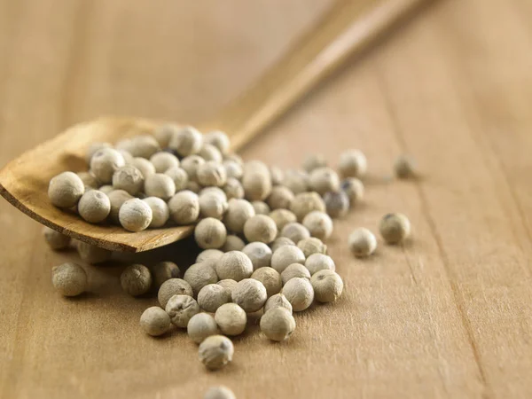 White peppercorns in spoon — Stock Photo, Image