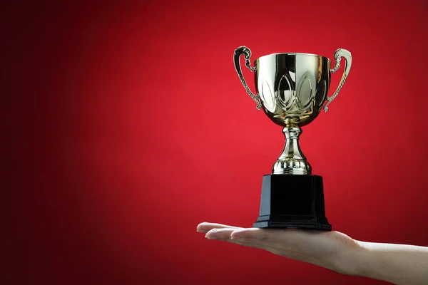 Sports trophy in hand — Stock Photo, Image