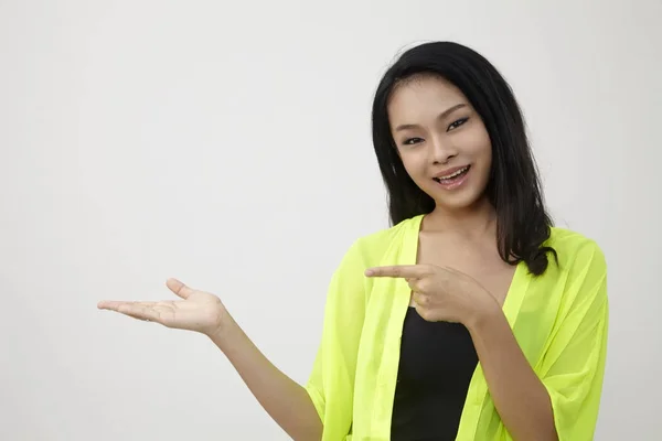 Woman Pointing Empty Place Palm Open — Stock Photo, Image