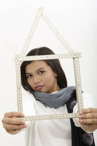 Malay Woman Looking House Frame White Background — Stock Photo, Image