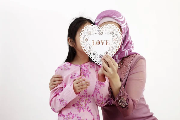 Malay Woman Daughter Holding Heart Shape Banner Together — Stock Photo, Image