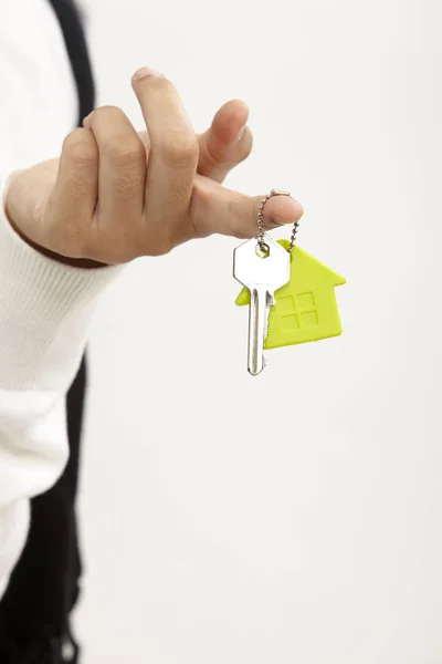 Close Woman Holding House Shape Keyring — Stock Photo, Image