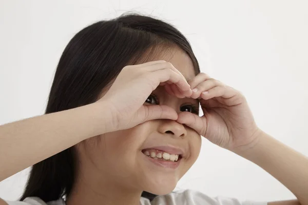 Aziatische Meisje Verrekijker Maken Door Handen — Stockfoto