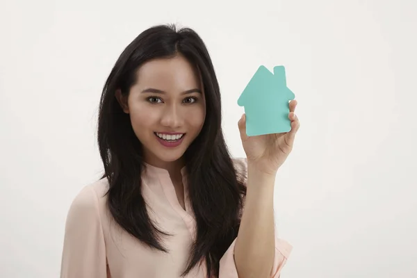 Malay Woman Holding House Shaped Cardboard — Stock Photo, Image