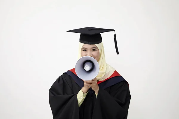 Estudante Graduação Gritando Através Megafone — Fotografia de Stock