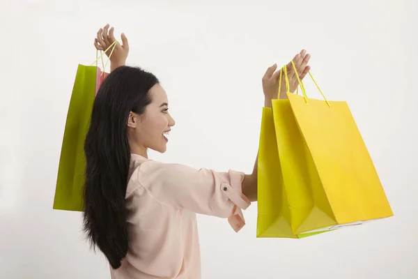 Woman Shopping Bags White Background — Stock Photo, Image