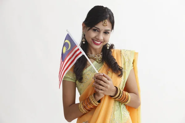 Indian Woman Glamorous Traditional Clothing Holding Malaysia Flag Celebration Merdeka — Stock Photo, Image