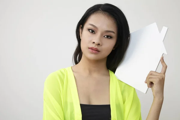 Chinse Woman Holding House Shaped Board — Stock Photo, Image