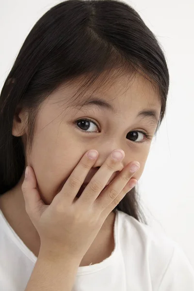 Meisje Haar Mond Gevoel Grappig Gesloten — Stockfoto