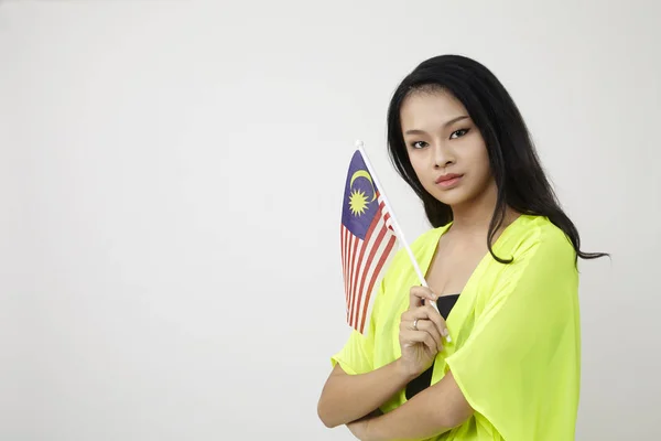 Chinese Woman Holding Malaysia Flag — Stock Photo, Image
