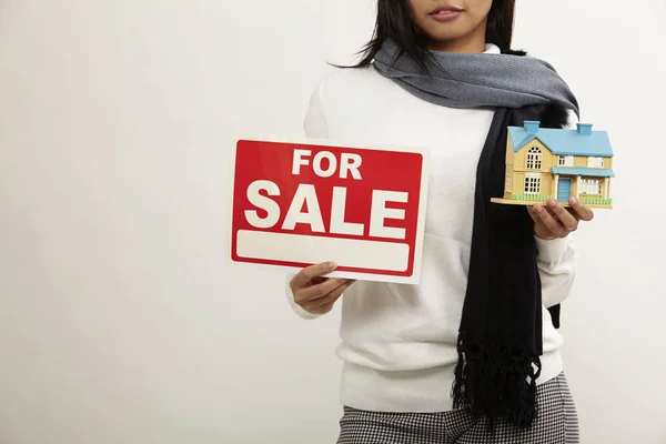 Asian Woman Holding White Model House Sale Sign — Stock Photo, Image