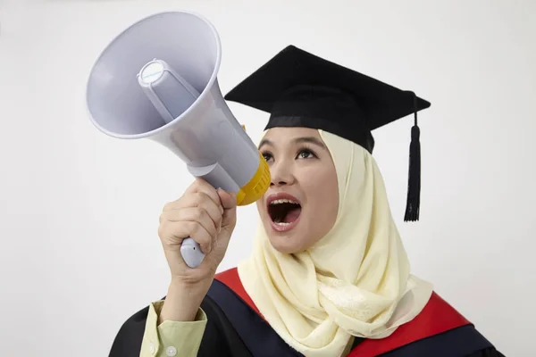 Estudante Graduação Gritando Através Megafone — Fotografia de Stock