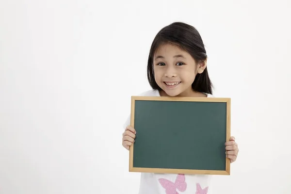 Menina Bonito Segurando Quadro Isolado Branco — Fotografia de Stock