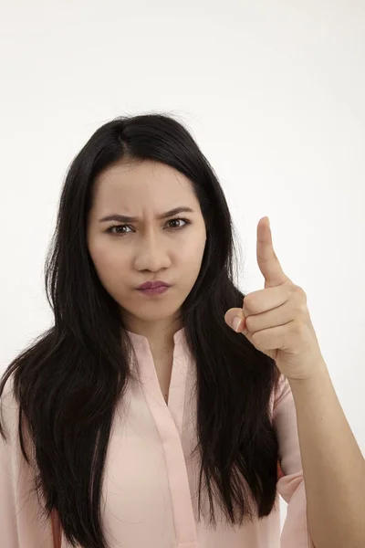 Portrait Young Angry Woman Pointing Finger Camera — Stock Photo, Image