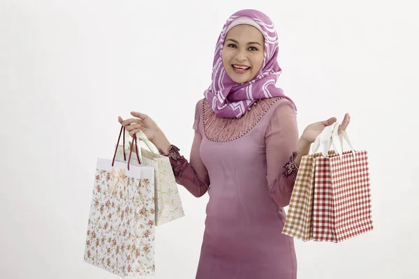 Malay Woman Shopping Bags White Background — Stock Photo, Image