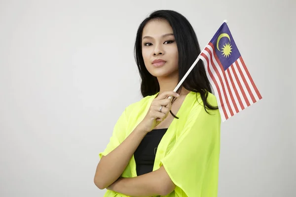 Chinese Woman Holding Malaysia Flag — Stock Photo, Image