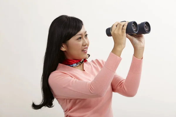 Asian Woman Holding Binoculars White Background — Stock Photo, Image