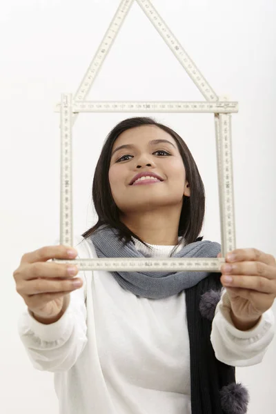 Malay Woman Looking House Frame White Background — Stock Photo, Image