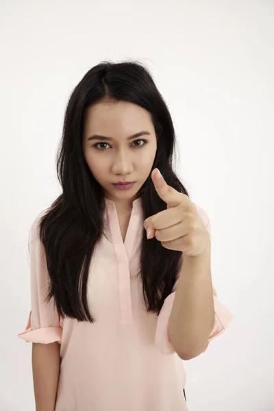 Portrait Young Angry Woman Pointing Finger Camera — Stock Photo, Image