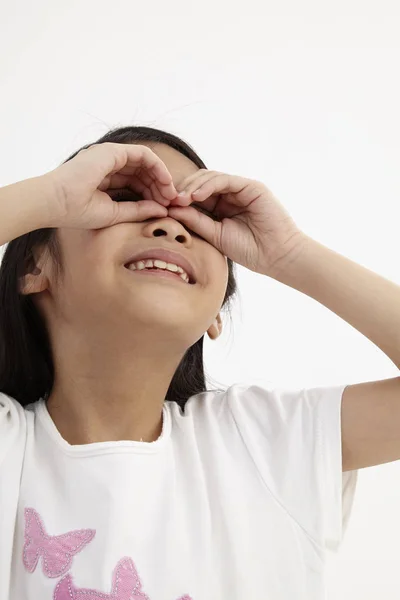 Aziatische Meisje Verrekijker Maken Door Handen — Stockfoto