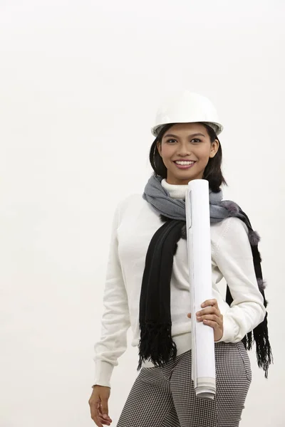 Young Female Architect Holding Blue Print White Background — Stock Photo, Image