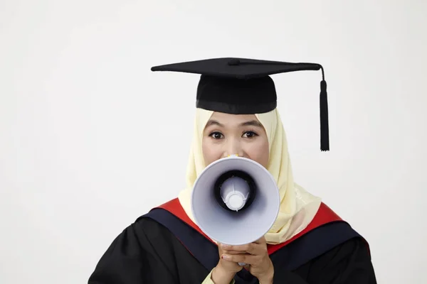 Estudante Graduação Gritando Através Megafone — Fotografia de Stock