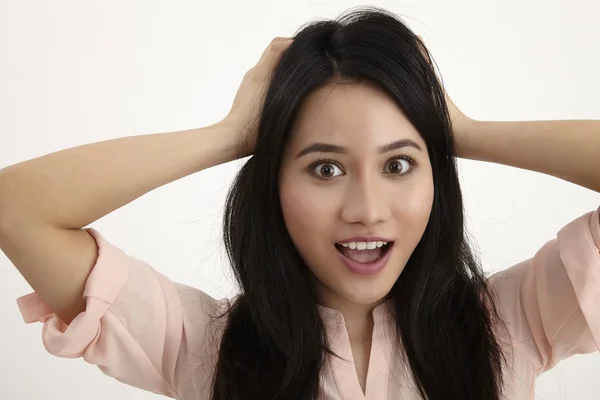 Woman Surprise Hand Rest Head — Stock Photo, Image