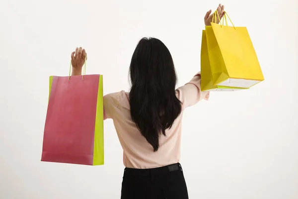 Mulher Com Sacos Compras Fundo Branco — Fotografia de Stock