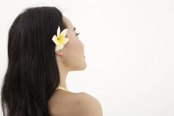 Malay Woman Yellow Frangipani Flower Her Ear — Stock Photo, Image