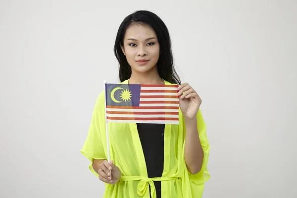 Chinese Woman Holding Malaysia Flag — Stock Photo, Image