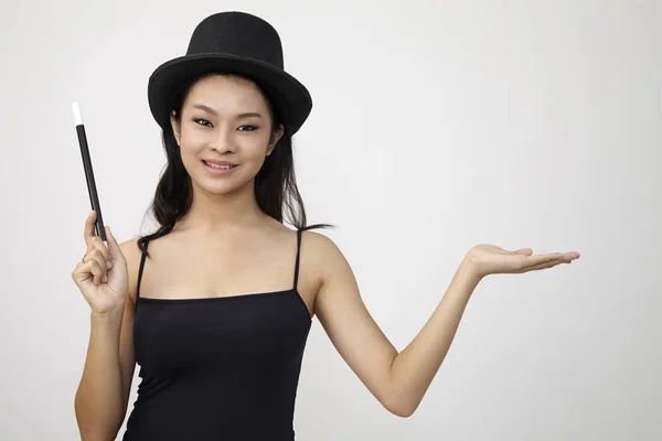 Mujer Mago Con Varita Mágica Sombrero — Foto de Stock