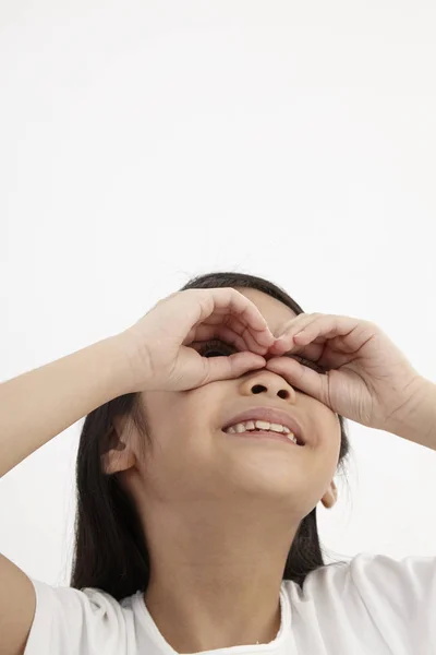 Aziatische Meisje Verrekijker Maken Door Handen — Stockfoto