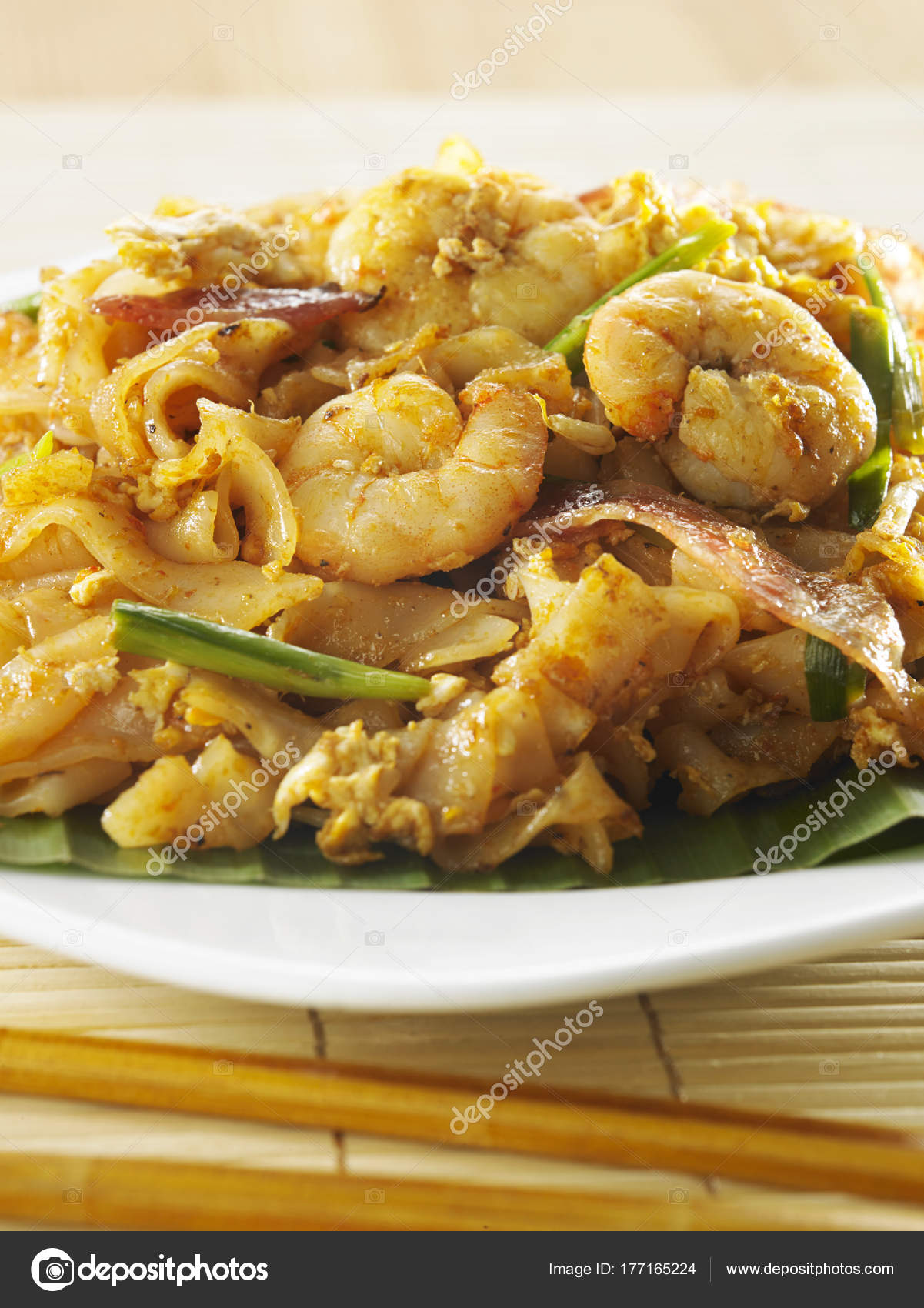Close Malaysian Famous Food Penang Fried Kuey Teow Stock Photo by
