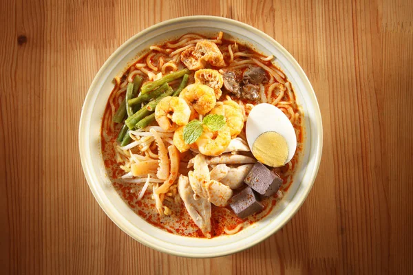 Ovanifrån Malaysiska Matskål Med Den Curry Noodle — Stockfoto