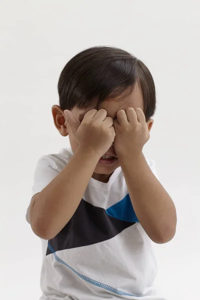 Portrait Young Malay Boy White Backdrop Crying — Stock Photo, Image