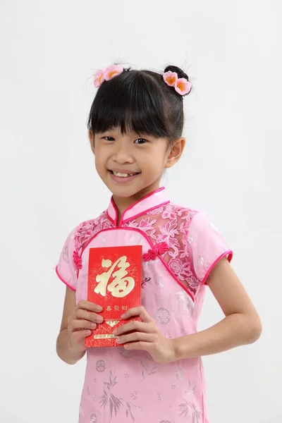 Chinese Girl Holding Red Envelope Ang Pao — Stock Photo, Image