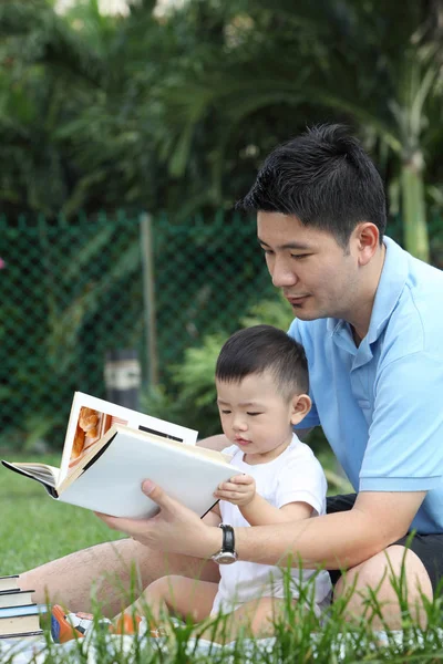 Otec Syn Čtení Jejich Zahradě — Stock fotografie