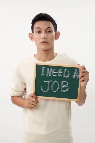 Malaio Adolescente Segurando Uma Mensagem Que Ele Precisa Trabalho — Fotografia de Stock