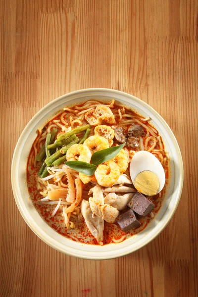 Bovenaanzicht Van Curry Noodle Kom Maleis Voedsel — Stockfoto