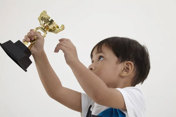 Malay Boy Holding Trophy — Stock Photo, Image