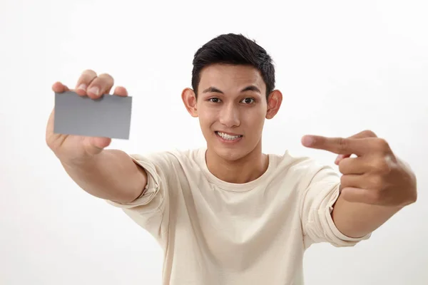 Malay Teenage Holding Pointing Business Card — Stock Photo, Image